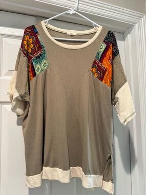 Easel NeutralTan Patchwork Short-Sleeve Women's Top